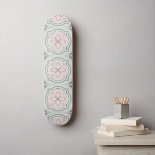 Green Pastel Floral Tiles Skateboard