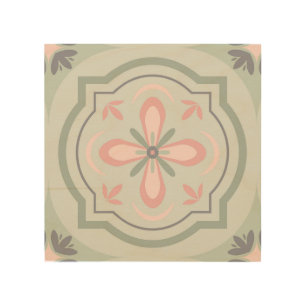 Green Pastel Floral Tiles Wood Wall Art
