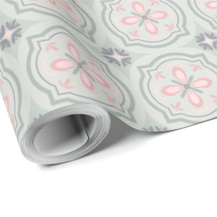 Green Pastel Floral Tiles Wrapping Paper