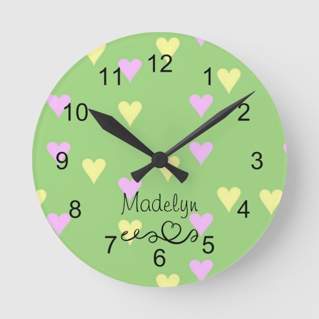 Green Pastel Heart Print Nursery Wall Clock (Front)