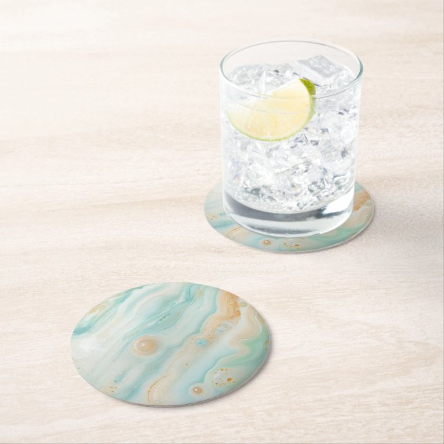 Green Pastel Marble Pattern Round Paper Coaster (Insitu)