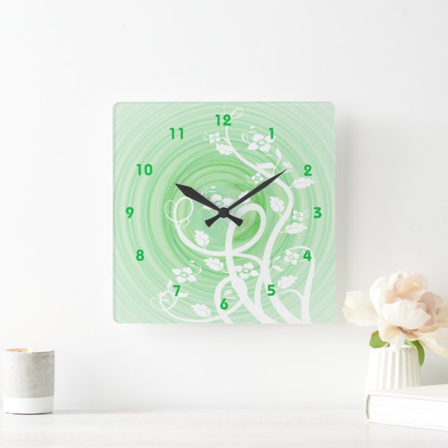 Green Pastel Spirals, Filigree & Flowers Square Wall Clock (Home)