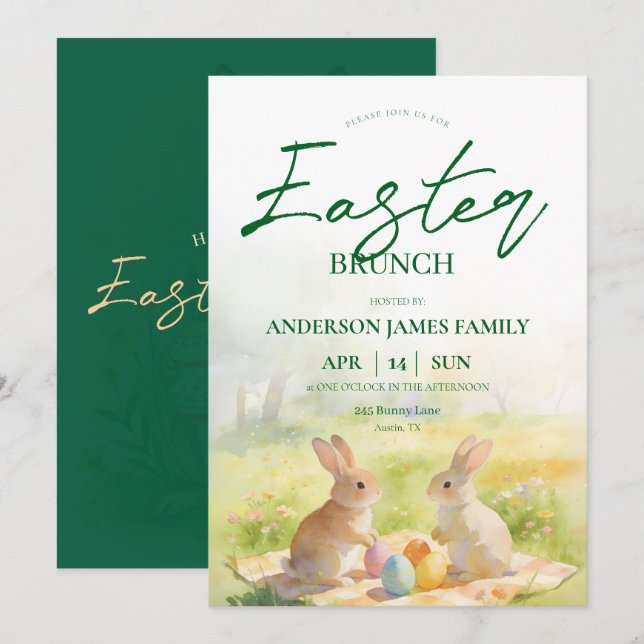Green Pastel Watercolor Bunny Easter Brunch  Invitation (Front/Back)