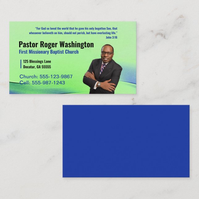 Green Pastor or Deacon Photo Church Business Card (Front/Back)
