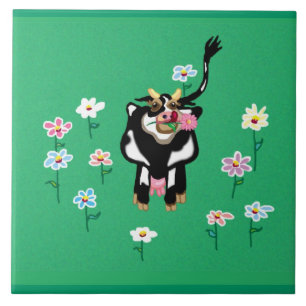 Green pastures - cow and daisies tile
