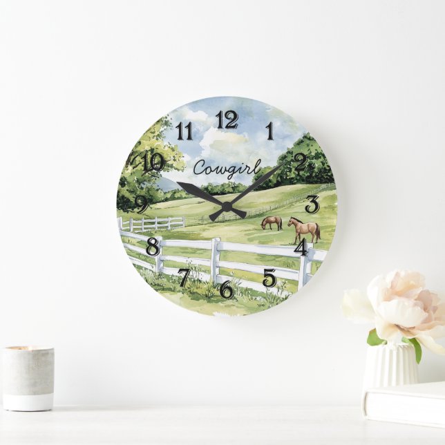Green Pastures Ranch Horses Large Clock (Home)