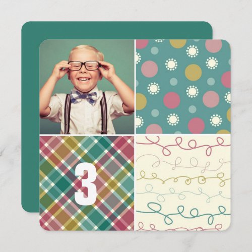 Green Patchwork Pattern Squares Boy Photo Birthday Invitation