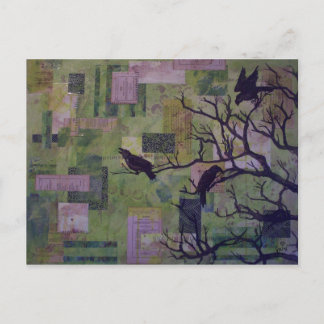 Green Patchwork Ravens mixed media postcard