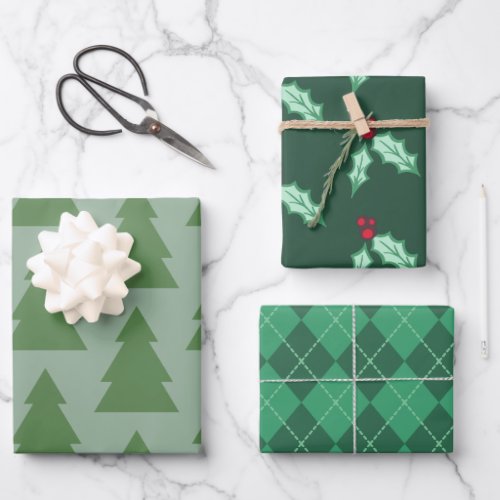 Green Pattern Christmas Wrapping Paper Assortment