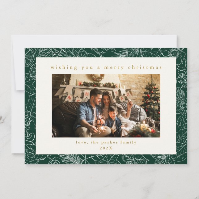Green Pattern Custom Photo Christmas Holiday Card (Front)
