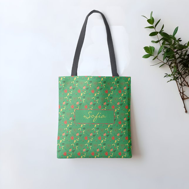 Green pattern wildflowers red poppy Tote Bag (Creator Uploaded)