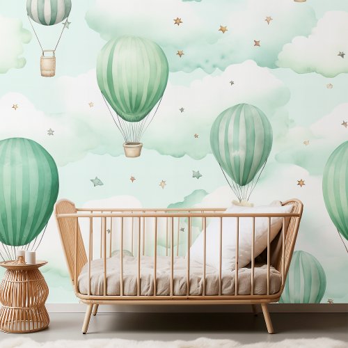 Green  Pattern with Clouds and Hot Air Balloons Wallpaper