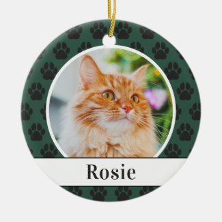 Green Paw Print Pet Cat Holiday Photo Monogram Ceramic Ornament