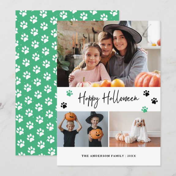 Green Paw Print Pet Photo Happy Halloween Card