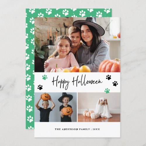 Green Paw Print Pet Photo Happy Halloween Holiday Card