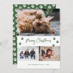 Green Paw Print Photo Collage Meowy Christmas Pet Holiday Card