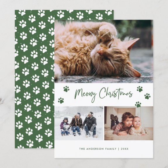 Green Paw Print Photo Collage Meowy Christmas Pet Card