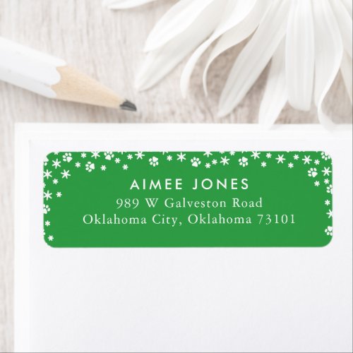 Green Paw Prints and Snowflakes Return Address Label