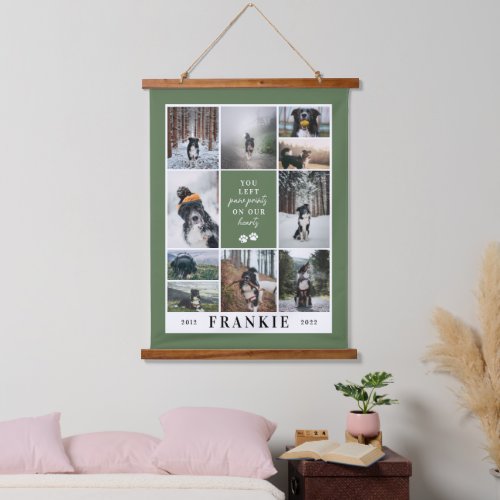 Green Paw Prints Our Hearts Pet Memorial Collage Hanging Tapestry