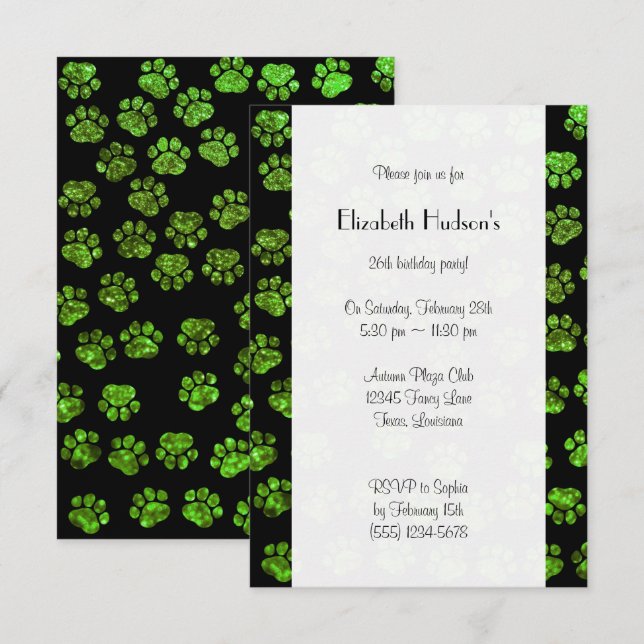 Green Paws, Glitter Paws, Green Glitter, Birthday Invitation (Front/Back)