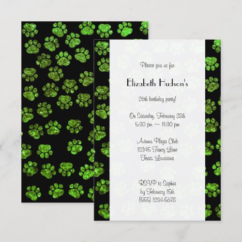 Shiny Glitter Dog Paws Paw-prints Green, Black Personalized Announcement
