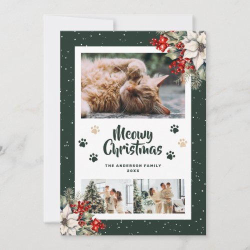 Green Paws Snow Poinsettia Photo Christmas Card