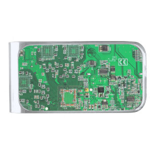 Green PCB Circuit Board Design for IT Pros Silver Finish Money Clip