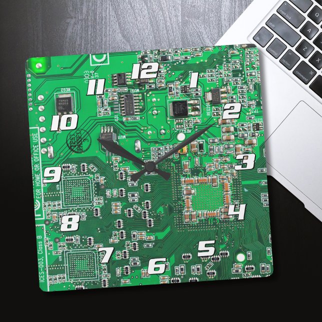 Green PCB Circuit Board Design for IT Pros Square Wall Clock (Creator Uploaded)
