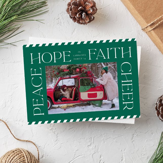 Green Peace Hope Faith Cheer Christmas Photo Holiday Card (Green Christmas photo card with elegant typography, peace, hope, faith and cheer)