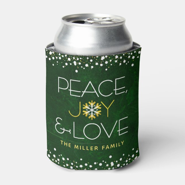 Green Peace Joy Love Christmas Modern Snowflake Can Cooler (Can Front)