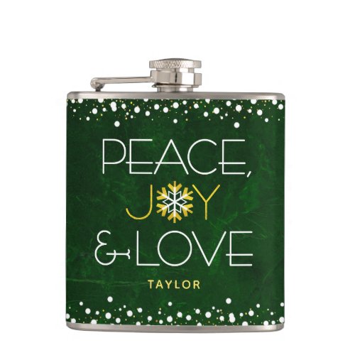 Green Peace Joy Love Christmas Modern Snowflake Flask