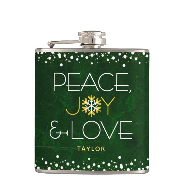 Green Peace Joy Love Christmas Modern Snowflake Flask (Front)