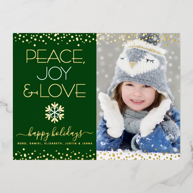 Green Peace Joy Love Photo Snowflake Real Gold Foil Holiday Postcard (Front)