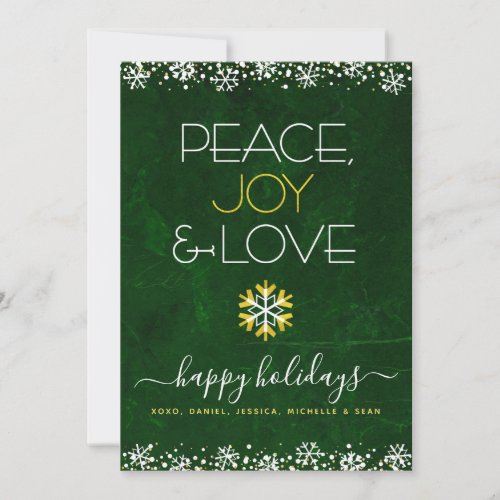 Green Peace Joy Love Snowflake Typography Bold Holiday Card