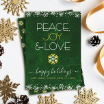 Green Peace Joy Love Snowflake Typography Bold Holiday Card<br><div class="desc">“Peace, joy & love.” A fun, playful, gold foil and white snowflake illustration and modern typography on a rich, deep dark green marble watercolor background help you usher in the holiday season. Additional white snowflakes and confetti dots frame the card. A white and faux gold foil snowflake pattern overlays the...</div>