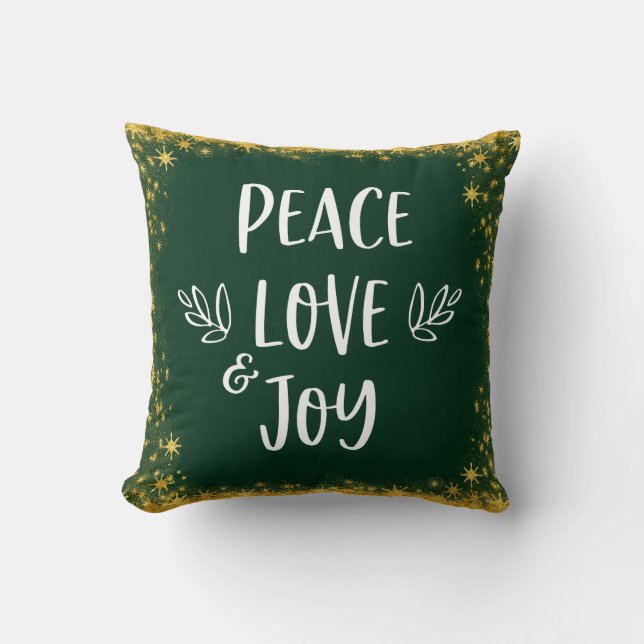 Green Peace Love Joy Gold Glitter Script Stars  Throw Pillow (Front)