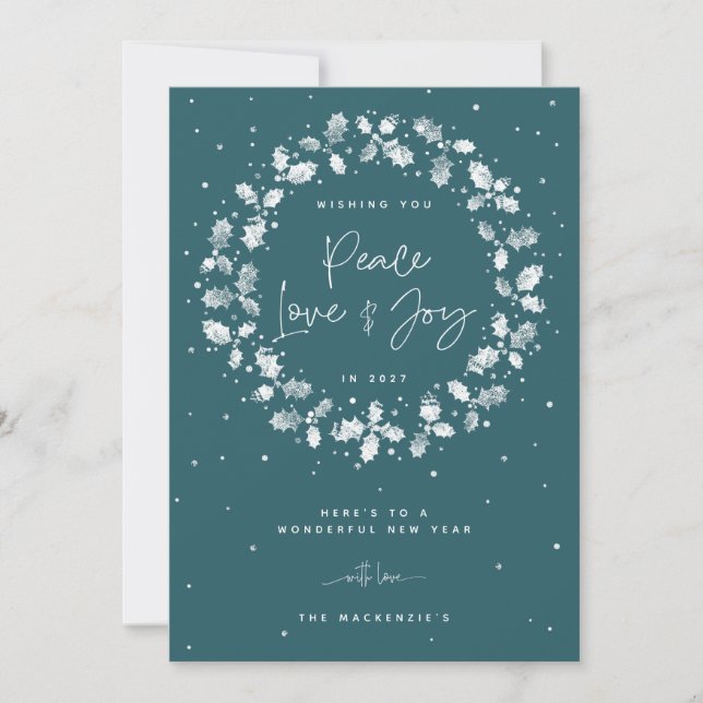 Green Peace Love + Joy Hand Printed Holly Wreath Holiday Card (Front)