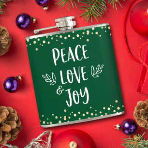 Green Peace Love Joy Modern Typography Gold Dots Flask
