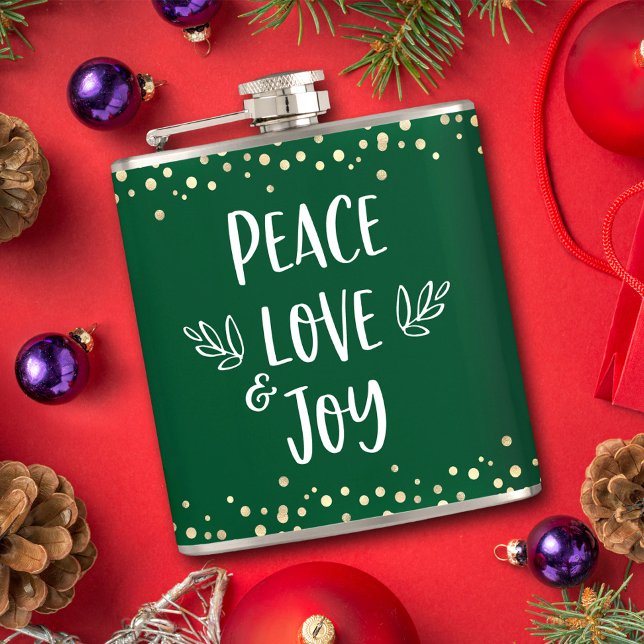 Green Peace Love Joy Modern Typography Gold Dots Flask (Creator Uploaded)