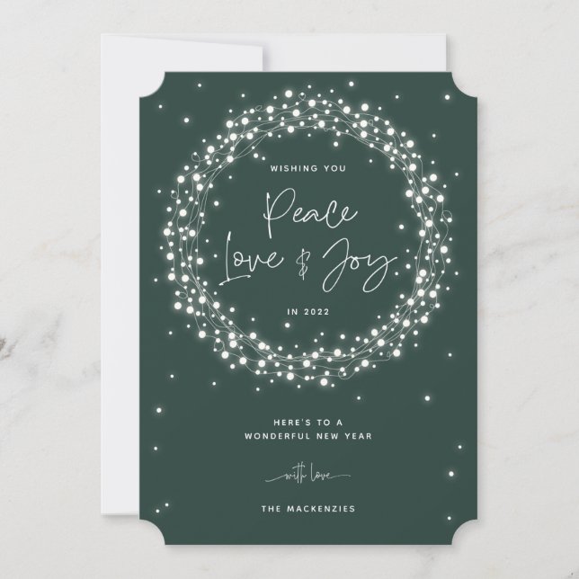 Green Peace Love+Joy Sparkling Lights Christmas Holiday Card (Front)