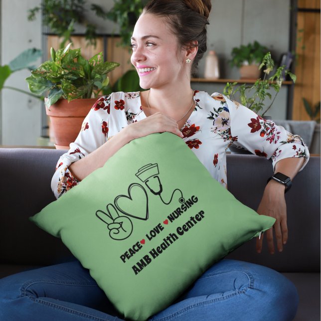 Green Peace Love Nursing Appreciation Throw Pillow (Creator Uploaded)