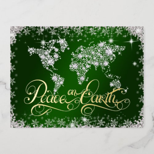 Green Peace on Earth Emerald and Diamonds Foil Holiday Postcard