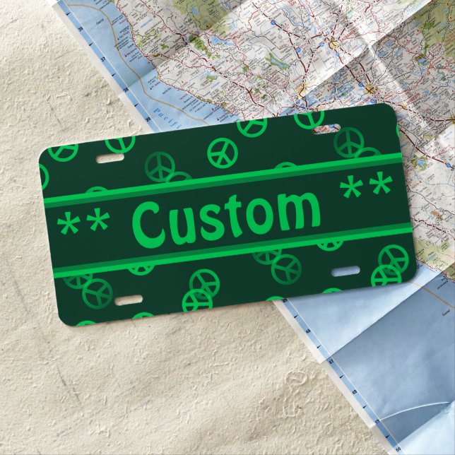 Green Peace Sign Pattern w/ Custom Text License Plate (In Situ)