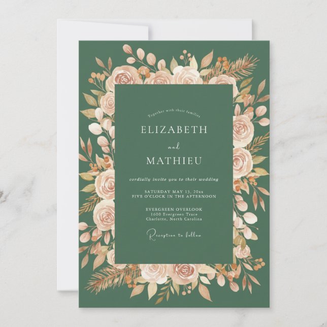 Green Peach Blossom Flourish Wedding Invitation (Front)