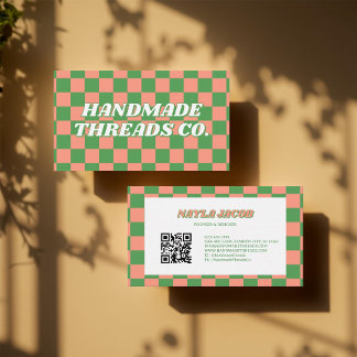 Green Peach Checkerboard Modern Retro Professional Business Card