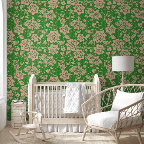Green peach color floral flower peel and stick wallpaper Green peach color floral flower peel and stick wallpaper