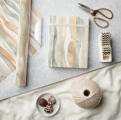 Green Peach Cream Stripes Birthday Wrapping Paper