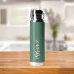 Green peach custom name script water bottle<br><div class="desc">Green background.  Personalize and add your name.   Peach colored handwritten style script.</div>