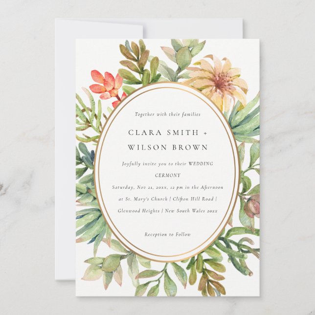 GREEN PEACH DESERT SUCCULENT CACTI FOLIAGE WEDDING INVITATION (Front)