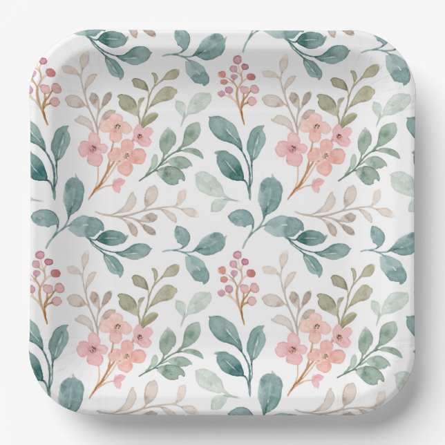 Green Peach Floral Paper Plates (Front)